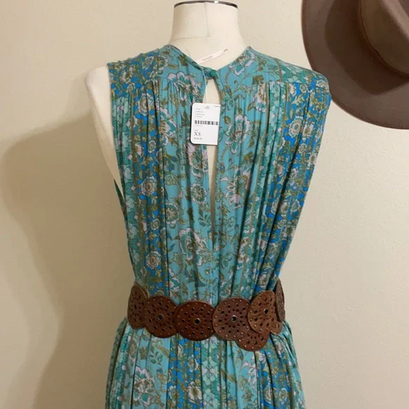 FREE PEOPLE Blue Boho Floral Print Crinkle Maxi Dress Teal Hanalei Bay - Picture 11 of 16